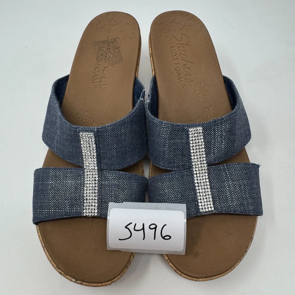 Sketchers Luxe Foam‎ Blue Denim Upper Slide Wedge Sandals 31721 Women's Size 9